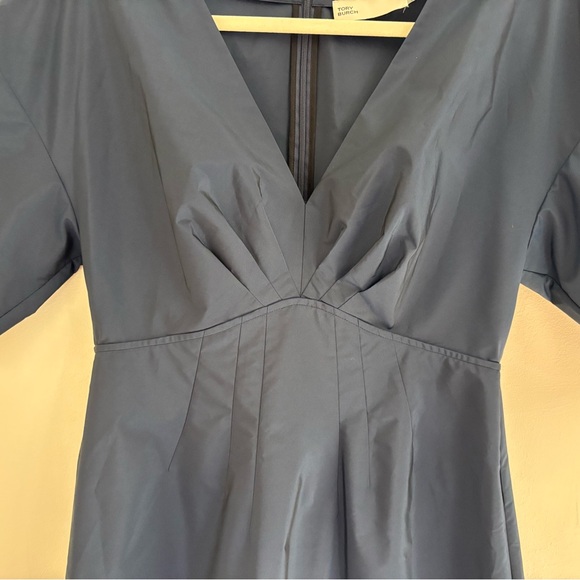TORY BURCH Tech Poplin Midi Dress Navy PREPPY elegant Fit & Flare Sz XS pockets - Picture 6 of 12